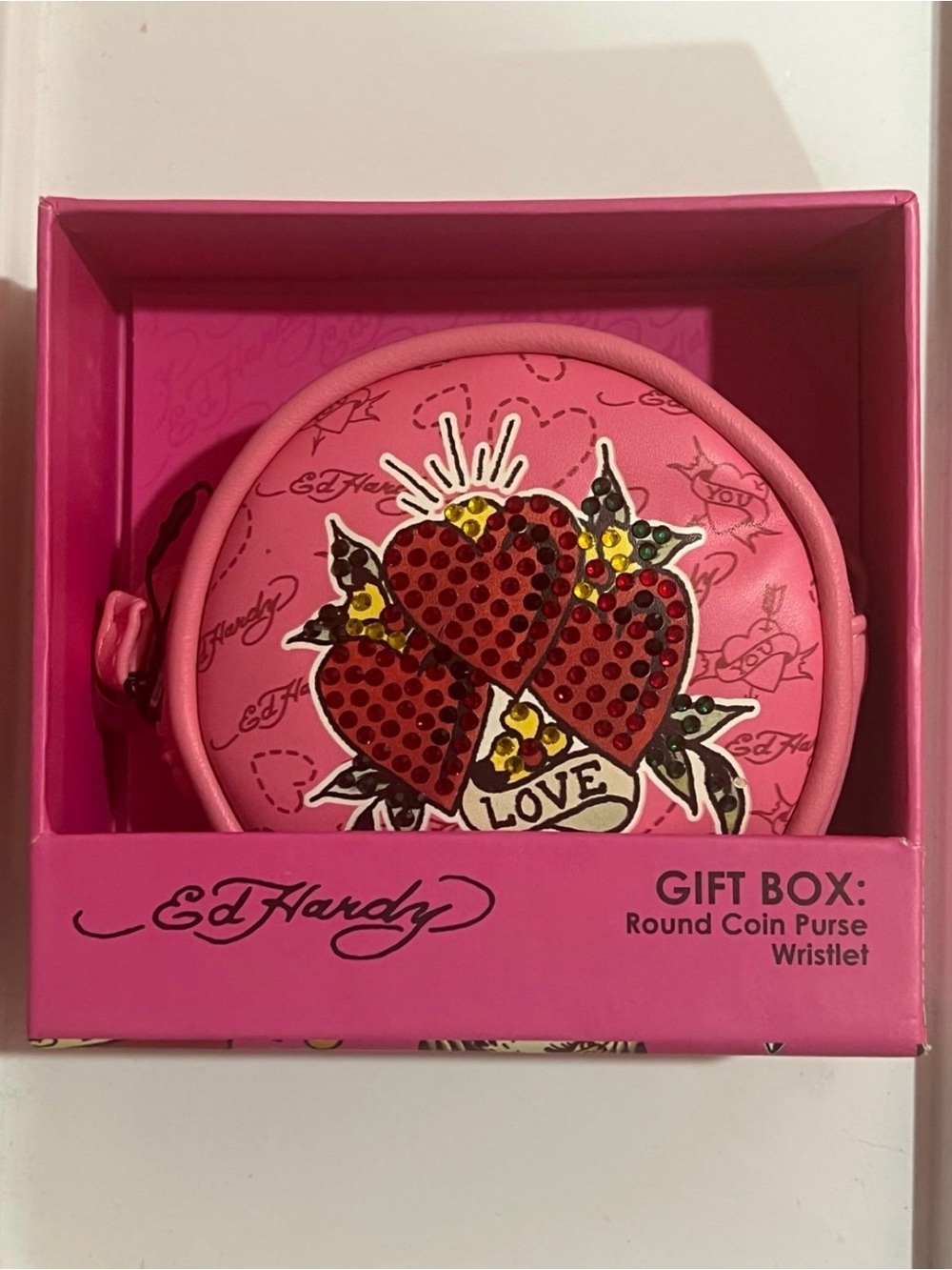 Ed Hardy Pink Coin Purse Wristlet with Red Heart Design